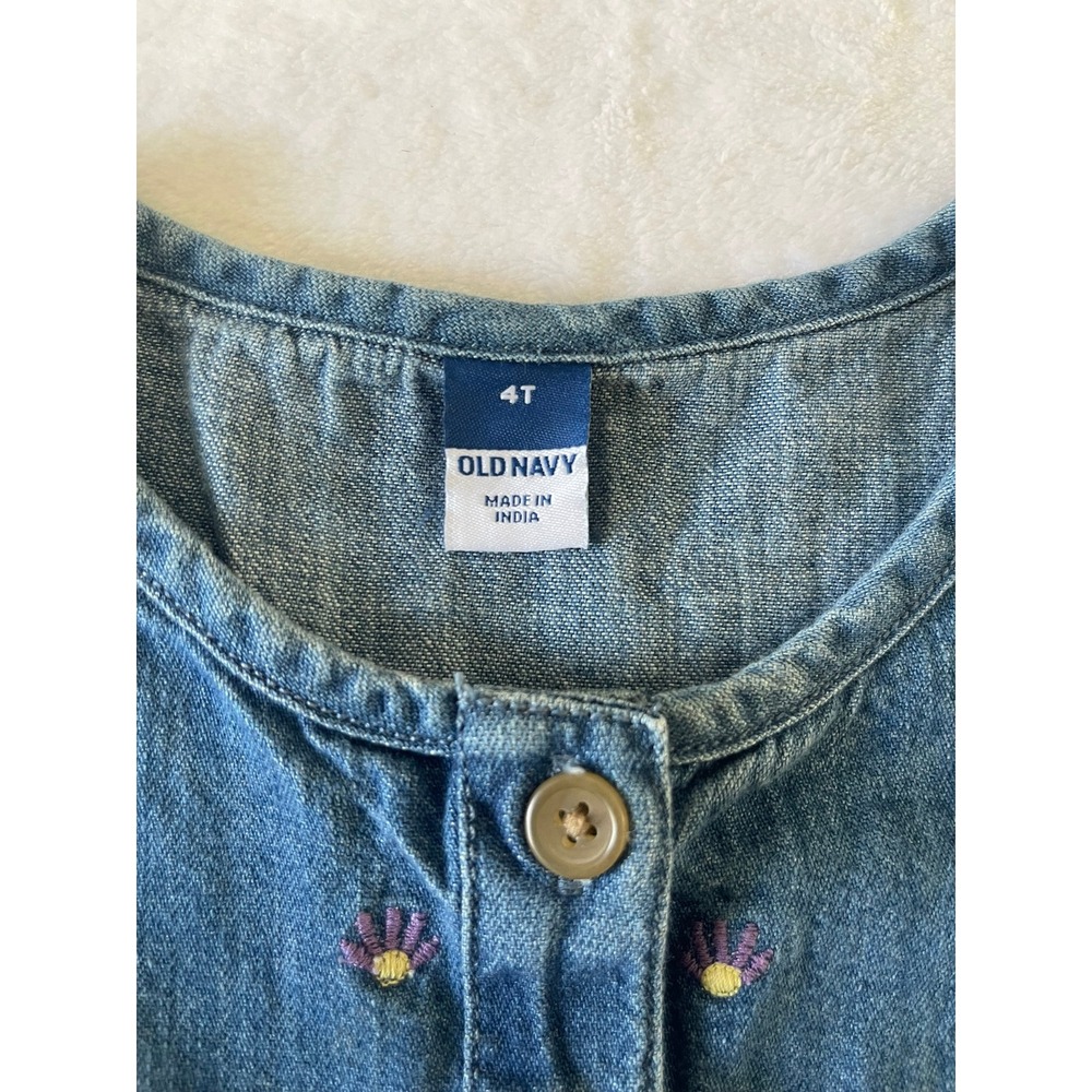 Old Navy Girls 4T Medium Wash Denim Embroidered Floral Button Front Dress - Picture 6 of 11